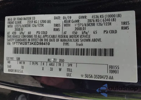 2019 Ford F-250 Platinum from USA, damaged, VIN 1FT7W2BT3KED98410